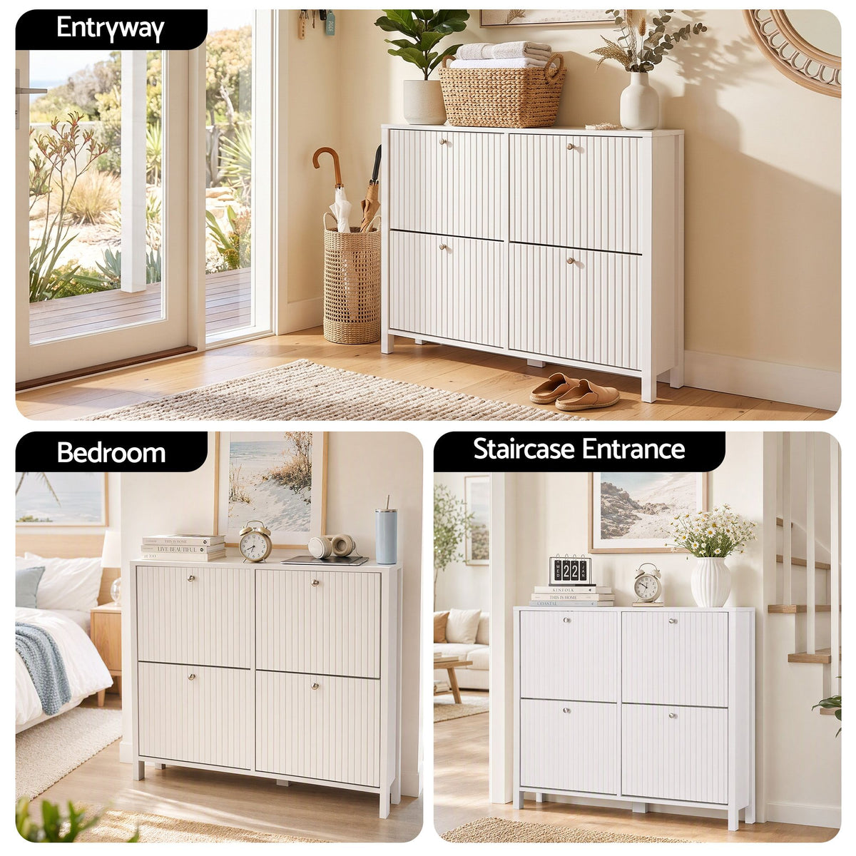 Artiss Shoe Cabinet 4 Flip Drawers Fluted Style Adjustable Shelves 40kg White