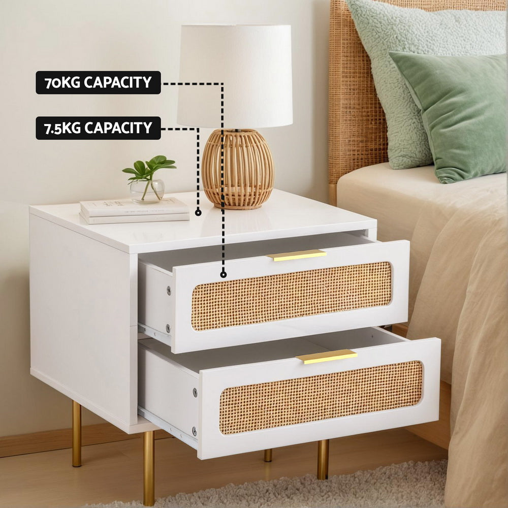 Artiss Rattan Bedside Table 2 Drawers Pine
