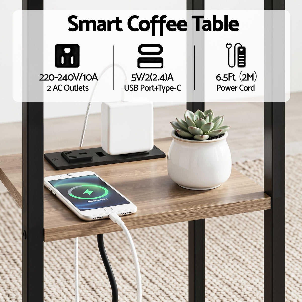 Artiss C-Shaped End Table Set Of 2 Charging Station 2-Tier Side Coffee Table Bedside Wood