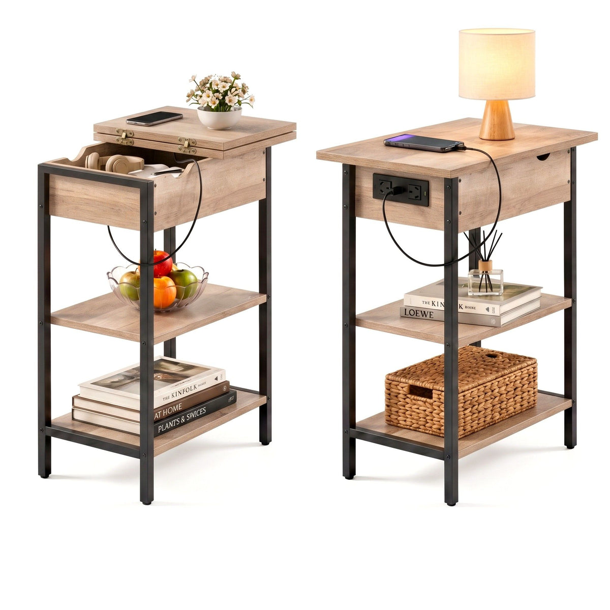 Artiss Coffee Table Set Of 2 Side Bedside End Table Charging Station Flip-Top Storage 60cm Wood