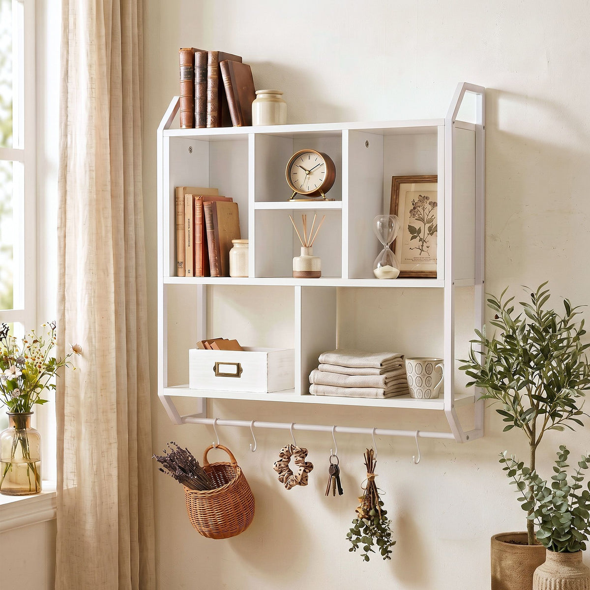 Artiss Floating Wall Shelf 6 Hooks Wall Mounted Storage Cubby Rack White