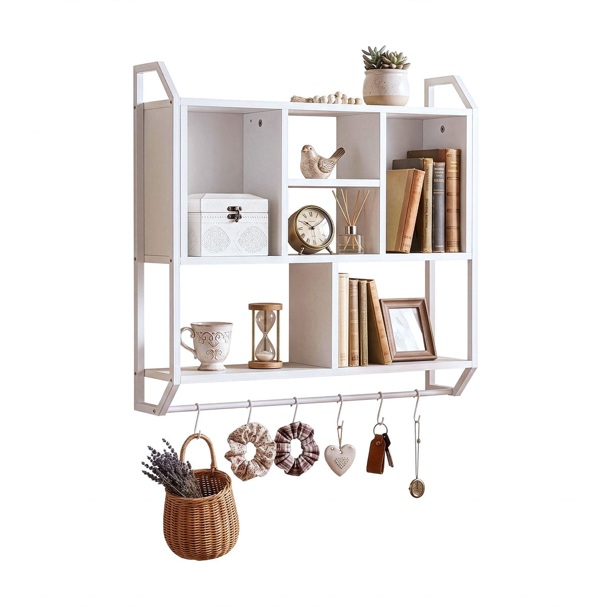 Artiss Floating Wall Shelf 6 Hooks Wall Mounted Storage Cubby Rack White