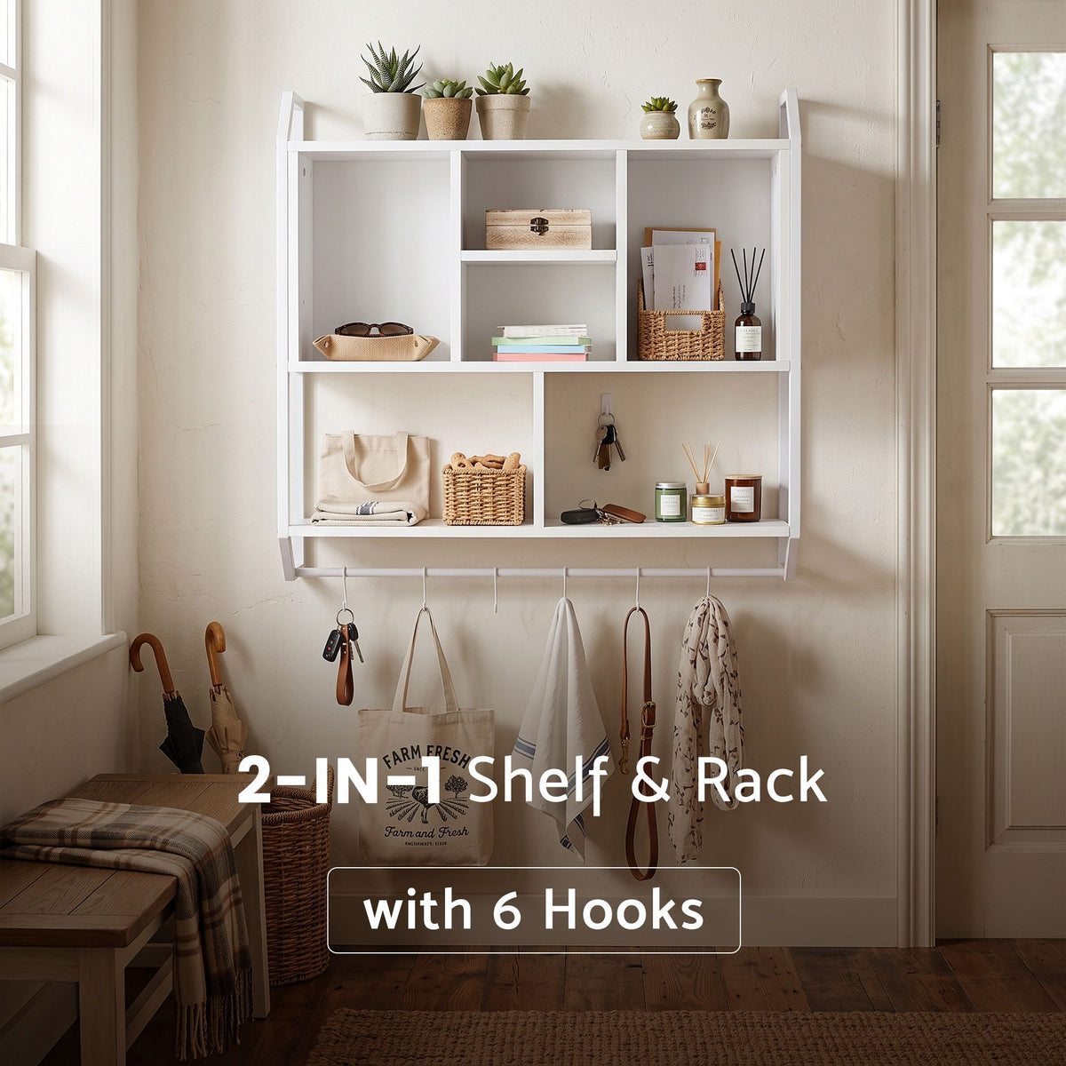 Artiss Floating Wall Shelf 6 Hooks Wall Mounted Storage Cubby Rack White