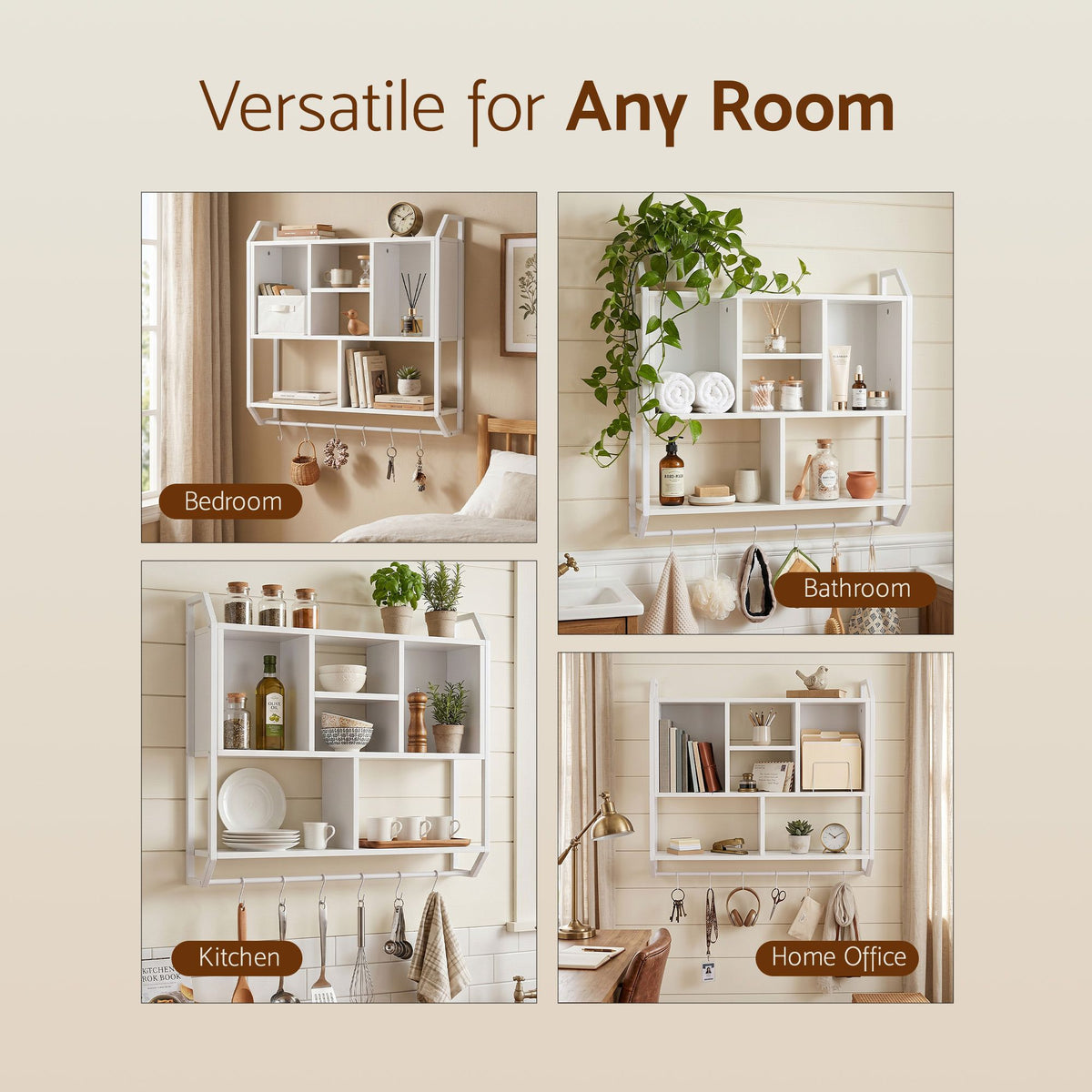 Artiss Floating Wall Shelf 6 Hooks Wall Mounted Storage Cubby Rack White