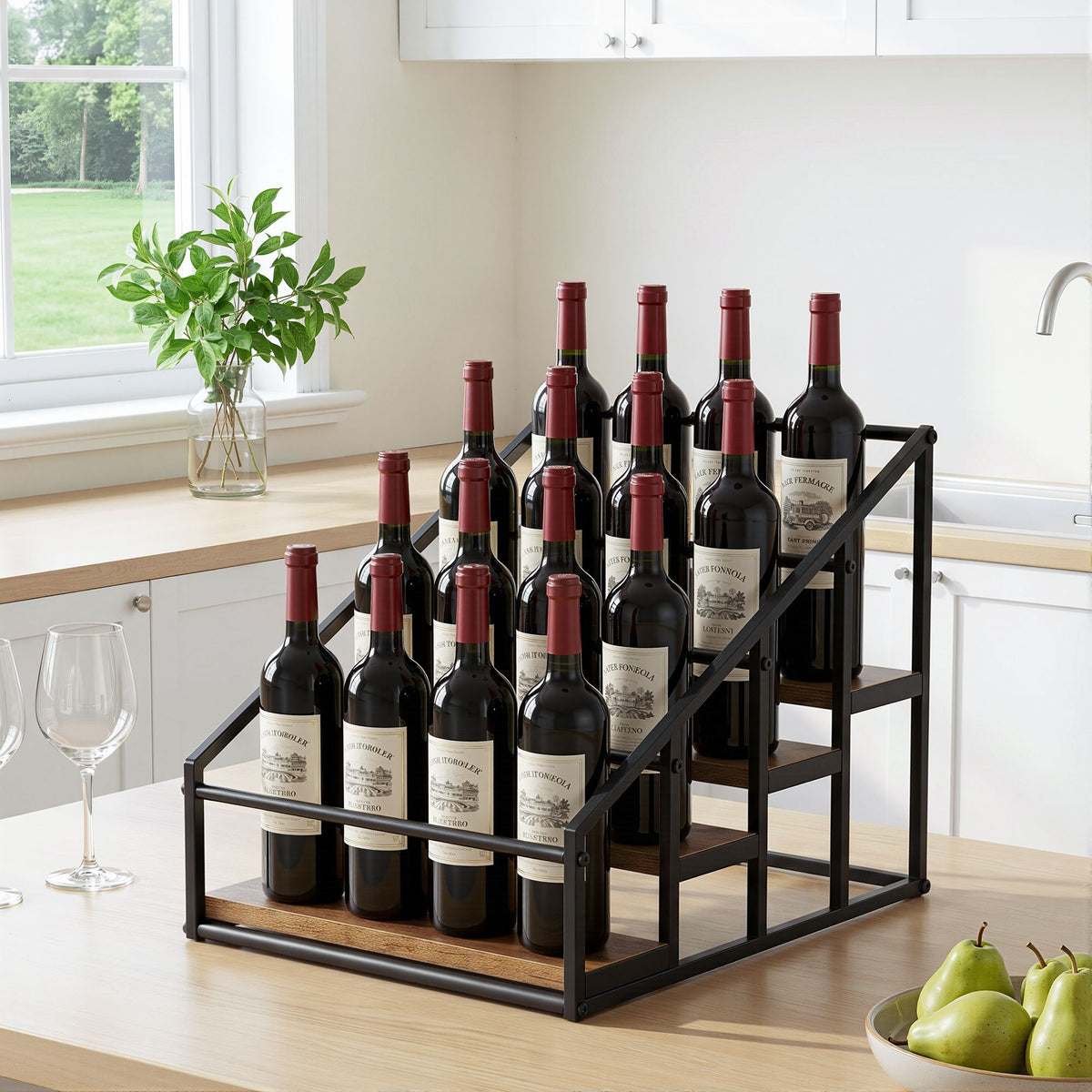 Artiss 4-Tier Tabletop Wine Bottle Holder 16 Bottles Freestanding Black & Wood