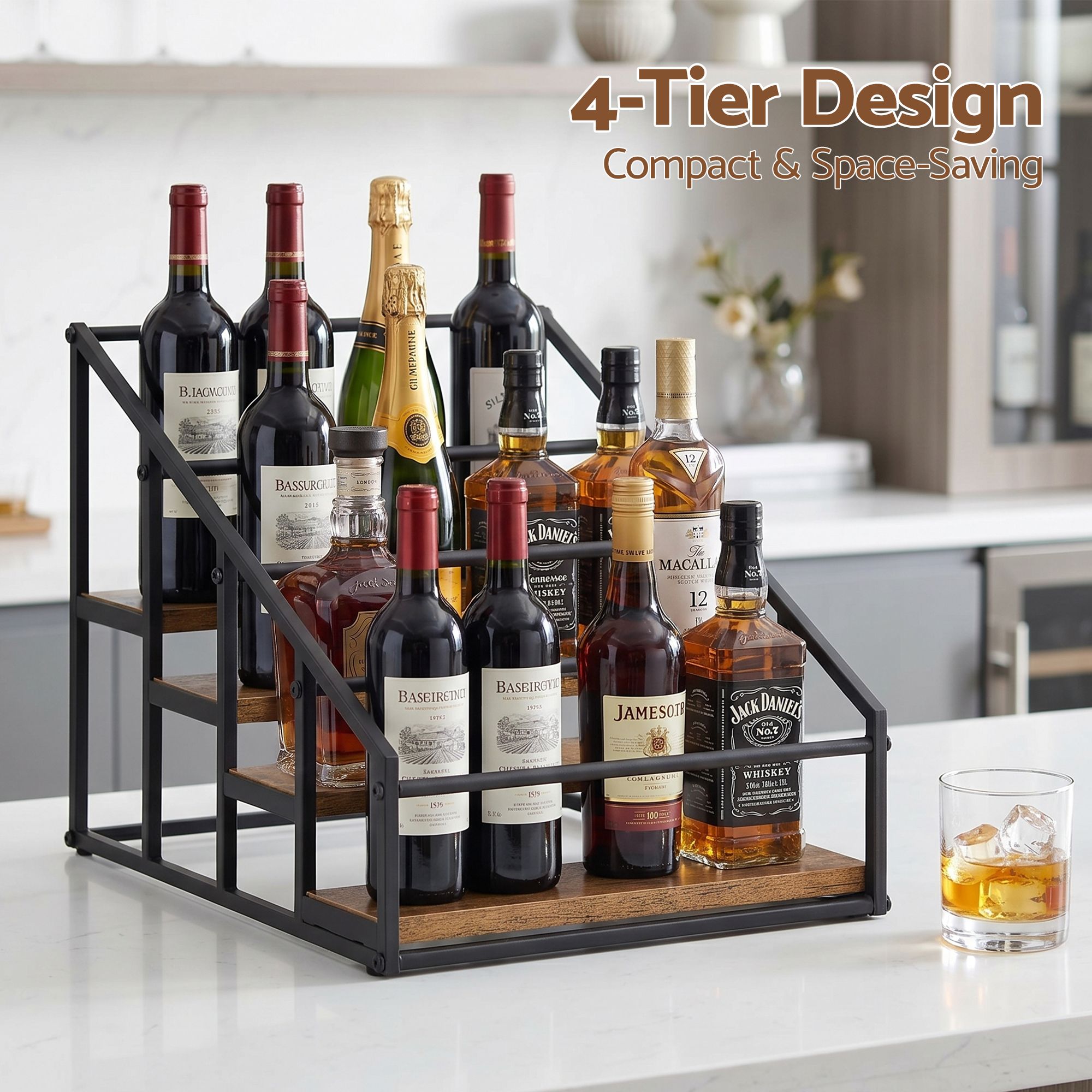 Artiss 4-Tier Tabletop Wine Bottle Holder 16 Bottles Freestanding Black & Wood