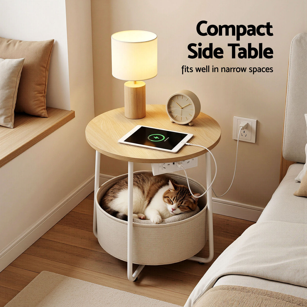 Artiss Round Coffee Table Side End Table Charging Station Storage Basket