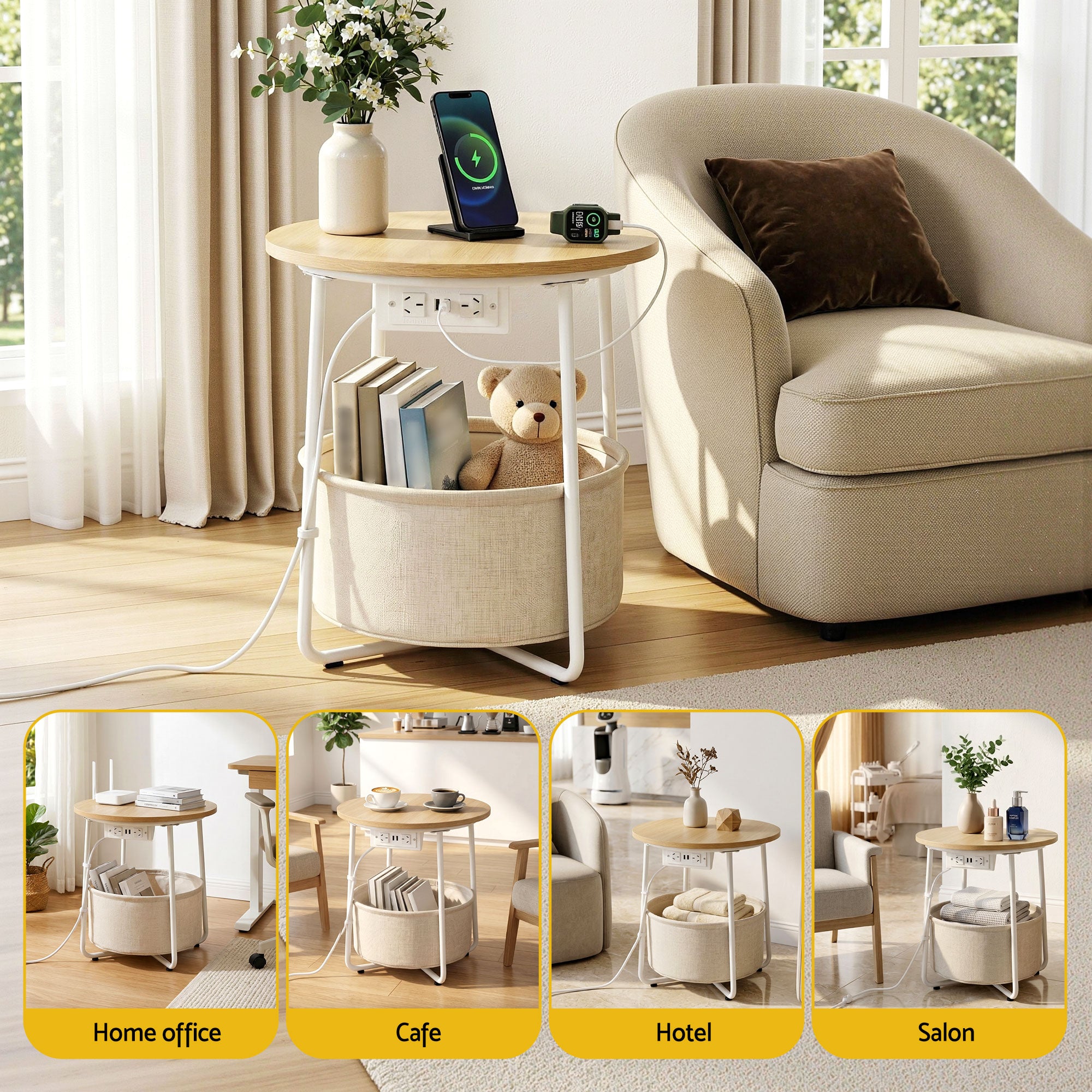 Artiss Round Coffee Table Side End Table Charging Station Storage Basket