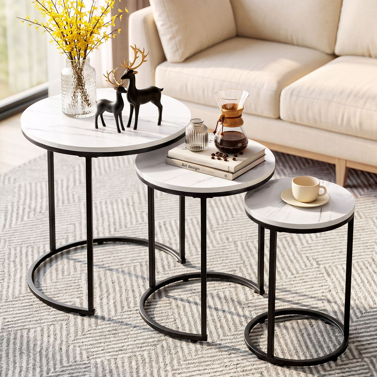 Artiss Nesting Coffee Table Set of 3 Round Stackable Side Tables Marble White