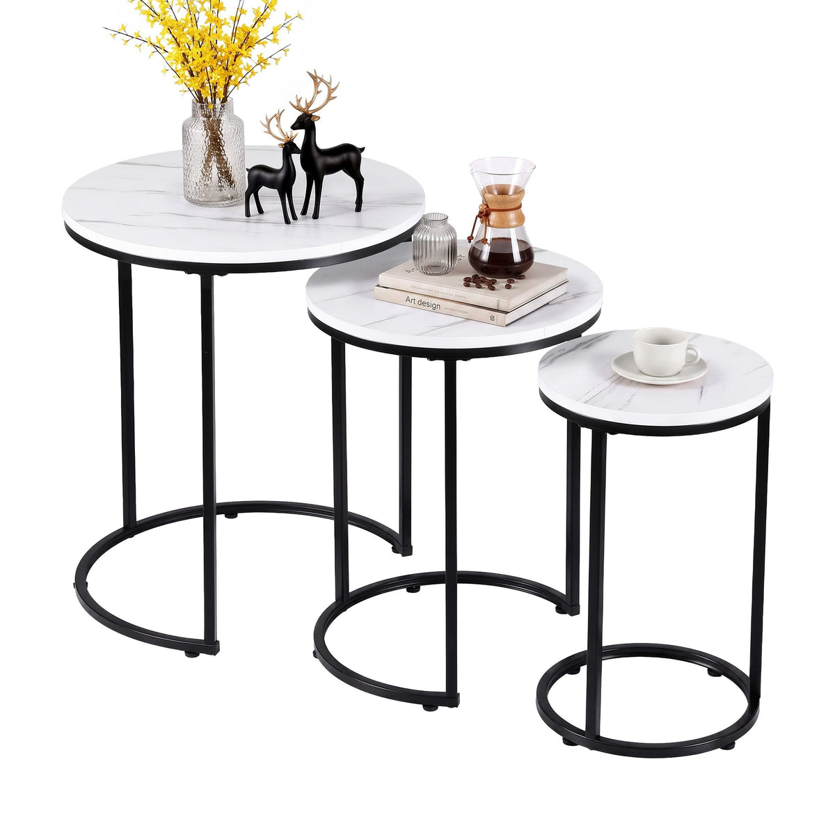 Artiss Nesting Coffee Table Set of 3 Round Stackable Side Tables Marble White