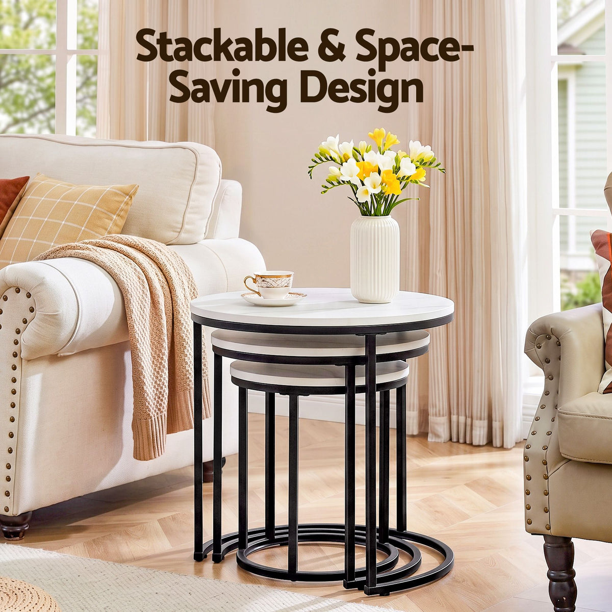 Artiss Nesting Coffee Table Set of 3 Round Stackable Side Tables Marble White