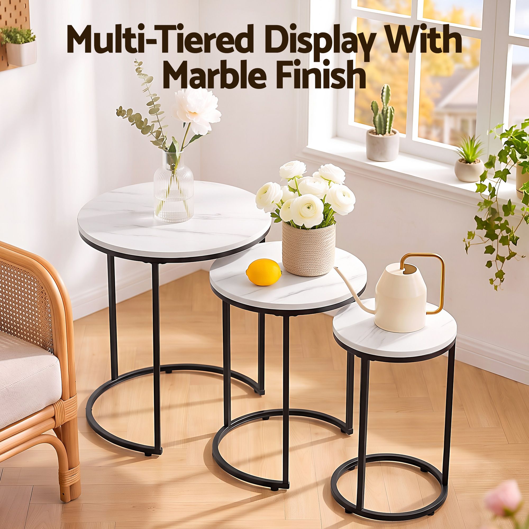 Artiss Nesting Coffee Table Set of 3 Round Stackable Side Tables Marble White