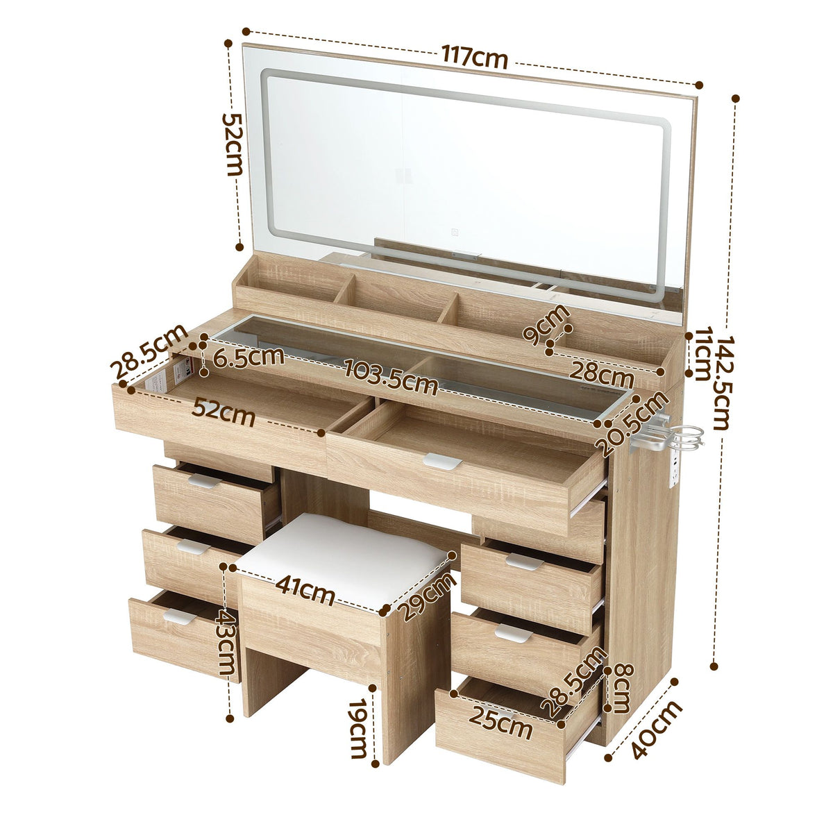 Artiss Dressing Table Makeup Vanity Desk Large LED Mirror 10 Drawers Outlet Wood