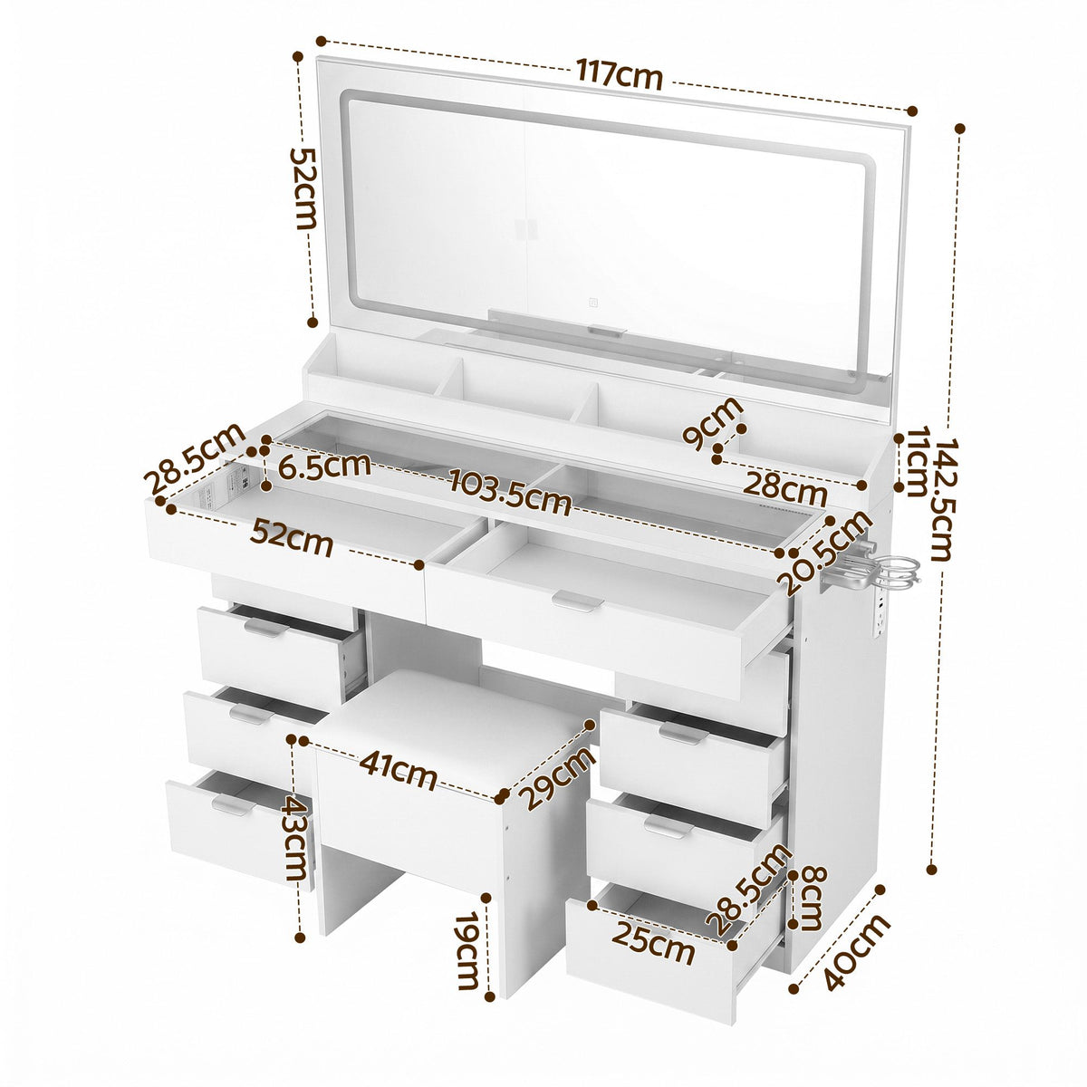 Artiss Dressing Table Makeup Vanity Desk LED Mirror 10 Drawers Outlet White