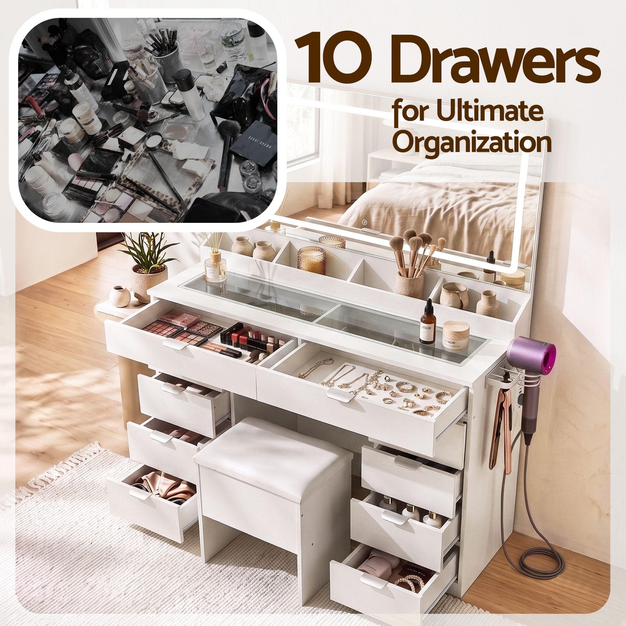 Artiss Dressing Table Makeup Vanity Desk LED Mirror 10 Drawers Outlet White