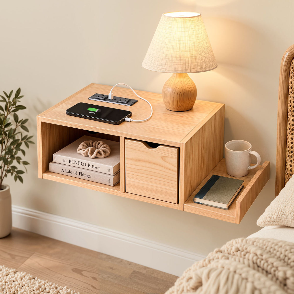 Artiss Floating Bedside Table with Charging Station Drawer Wall Mounted Oak