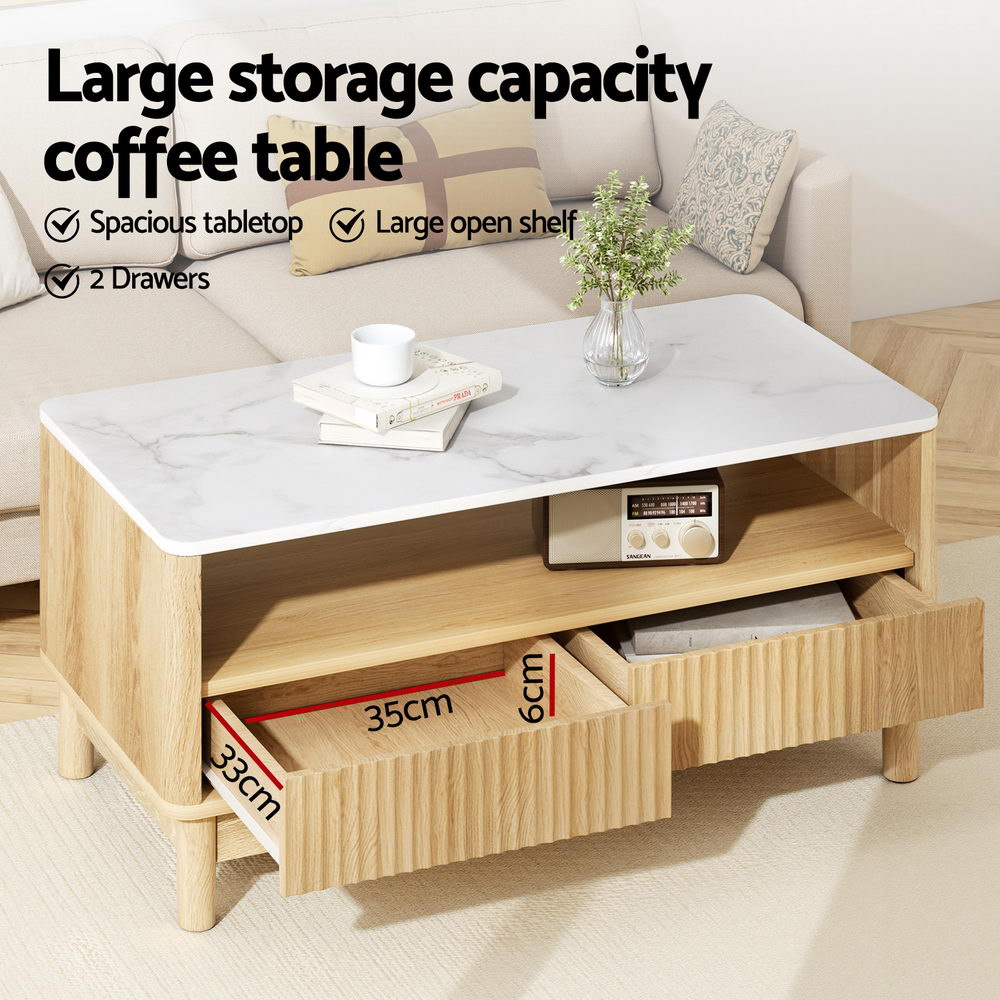 Artiss Coffee Table Drawer Shelf Marble Effect Wood and White