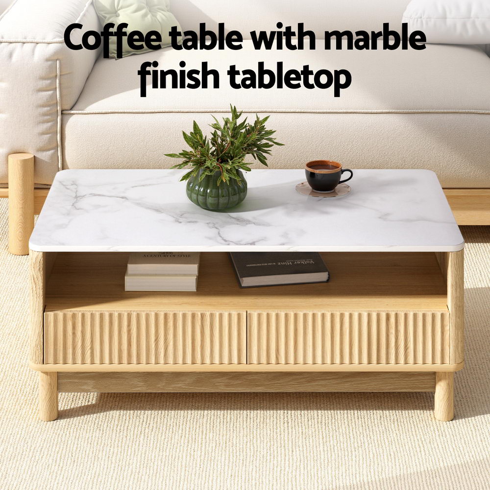 Artiss Coffee Table Drawer Shelf Marble Effect Wood and White