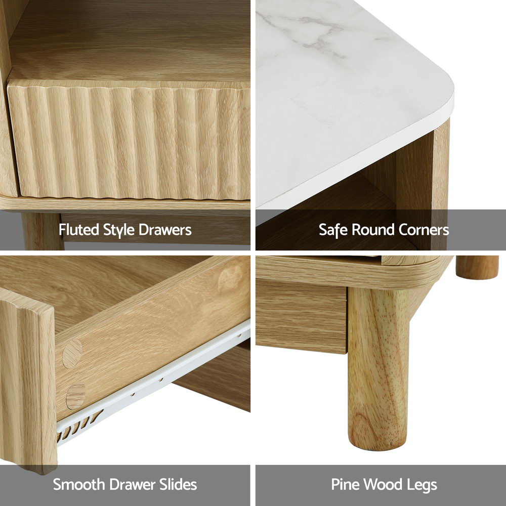 Artiss Coffee Table Drawer Shelf Marble Effect Wood and White