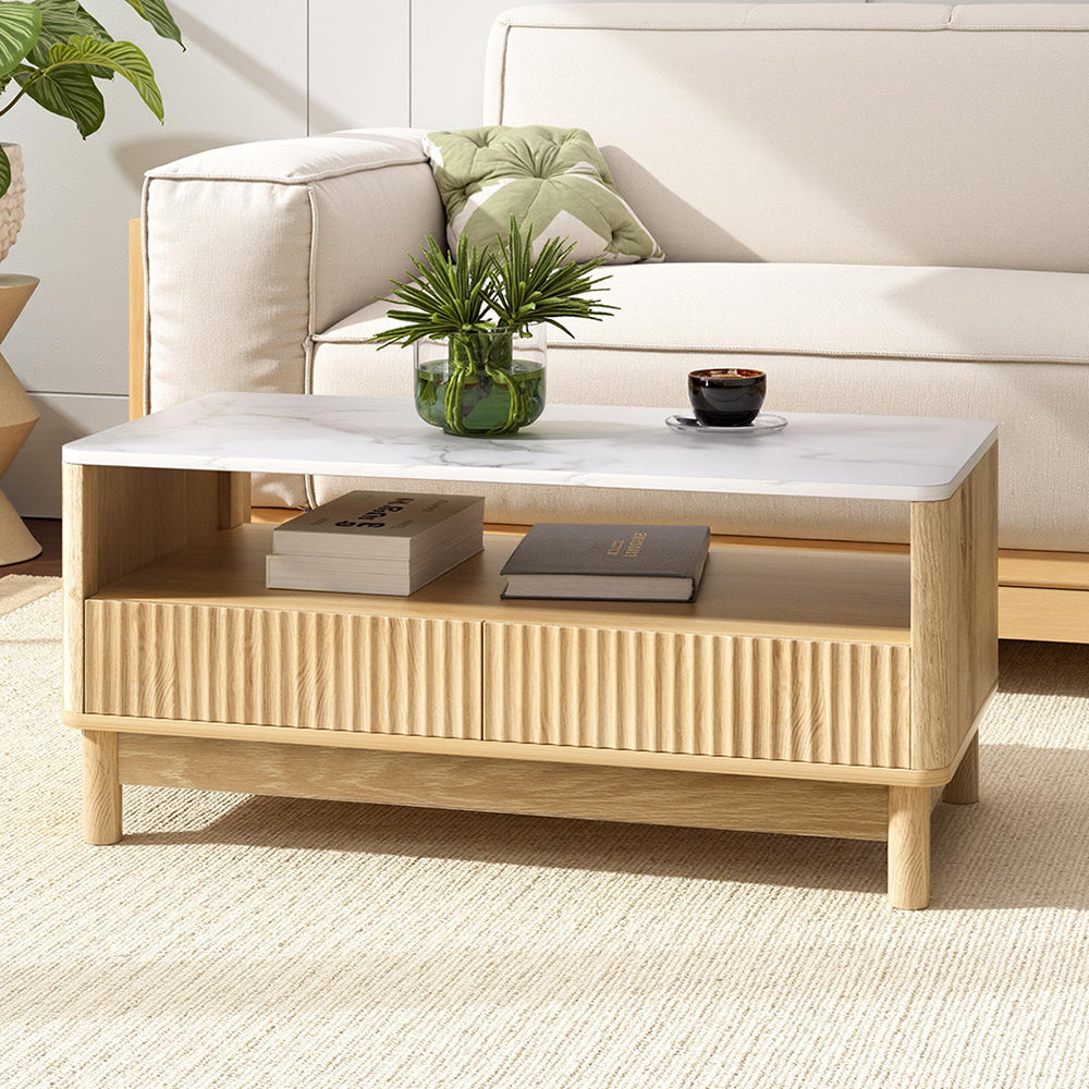 Artiss Coffee Table Drawer Shelf Marble Effect Wood and White