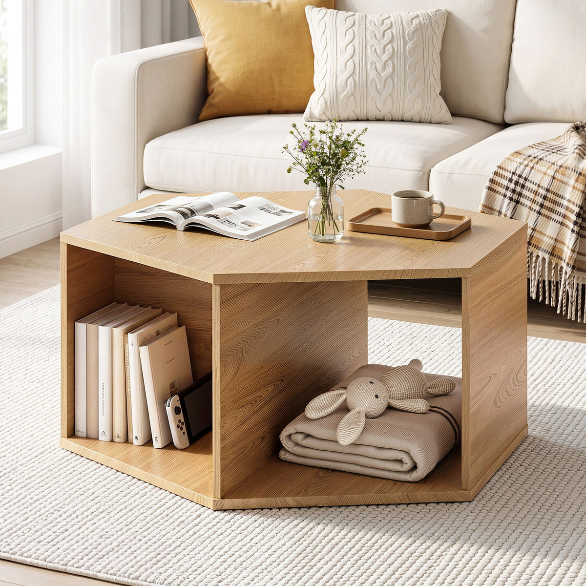 Artiss Hexagonal Coffee Table with Open Storage 2-Way Display Side Table Wood