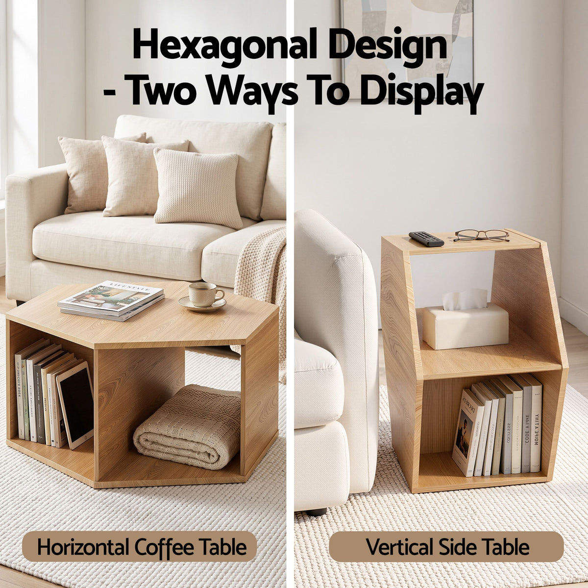 Artiss Hexagonal Coffee Table with Open Storage 2-Way Display Side Table Wood