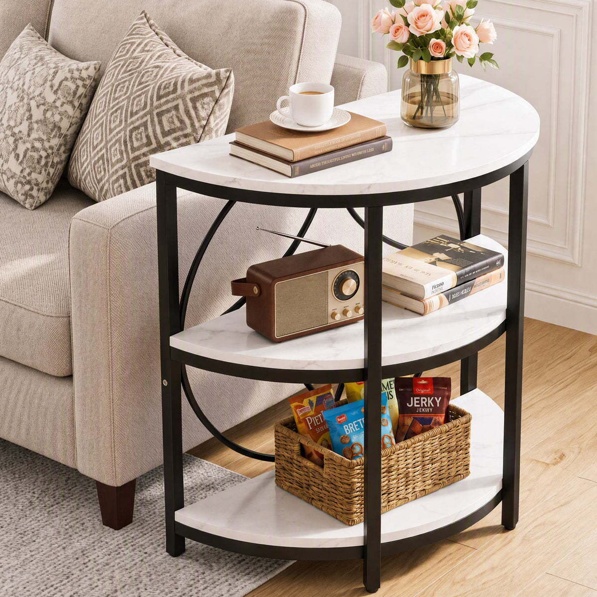 Artiss Semi-Circle End Table 3 Tier Coffee Table Nightstand Marble White&Black