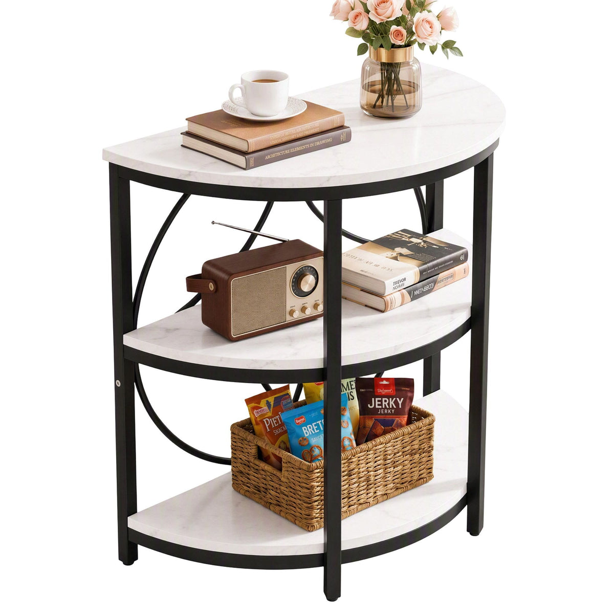 Artiss Semi-Circle End Table 3 Tier Coffee Table Nightstand Marble White&Black
