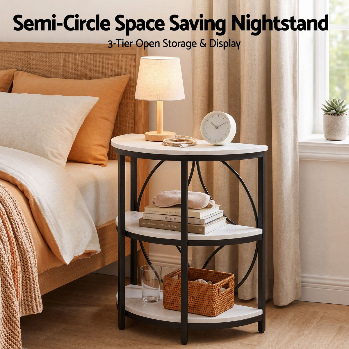 Artiss Semi-Circle End Table 3 Tier Coffee Table Nightstand Marble White&Black