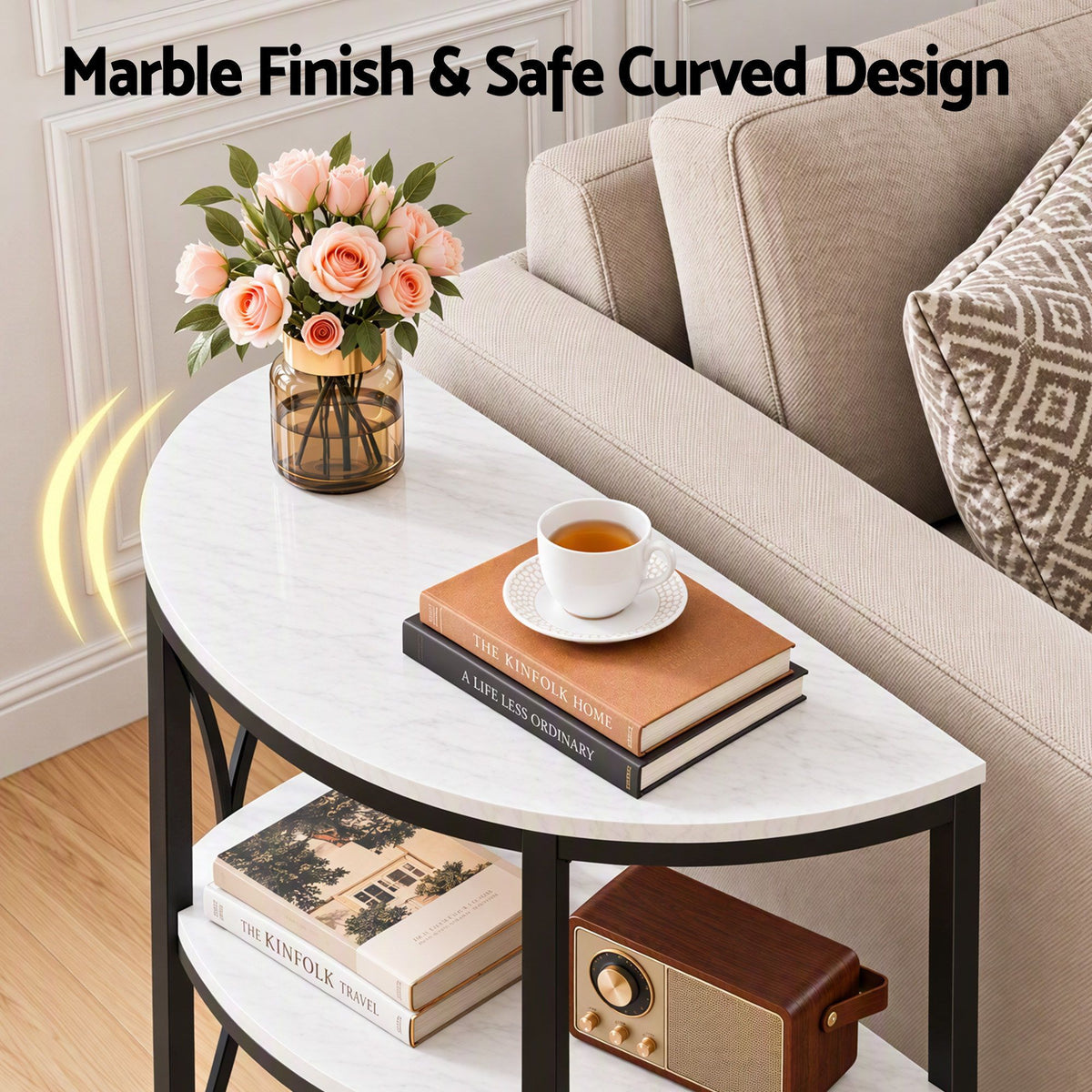Artiss Semi-Circle End Table 3 Tier Coffee Table Nightstand Marble White&Black