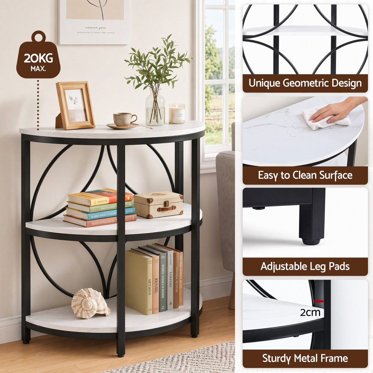 Artiss Semi-Circle End Table 3 Tier Coffee Table Nightstand Marble White&Black