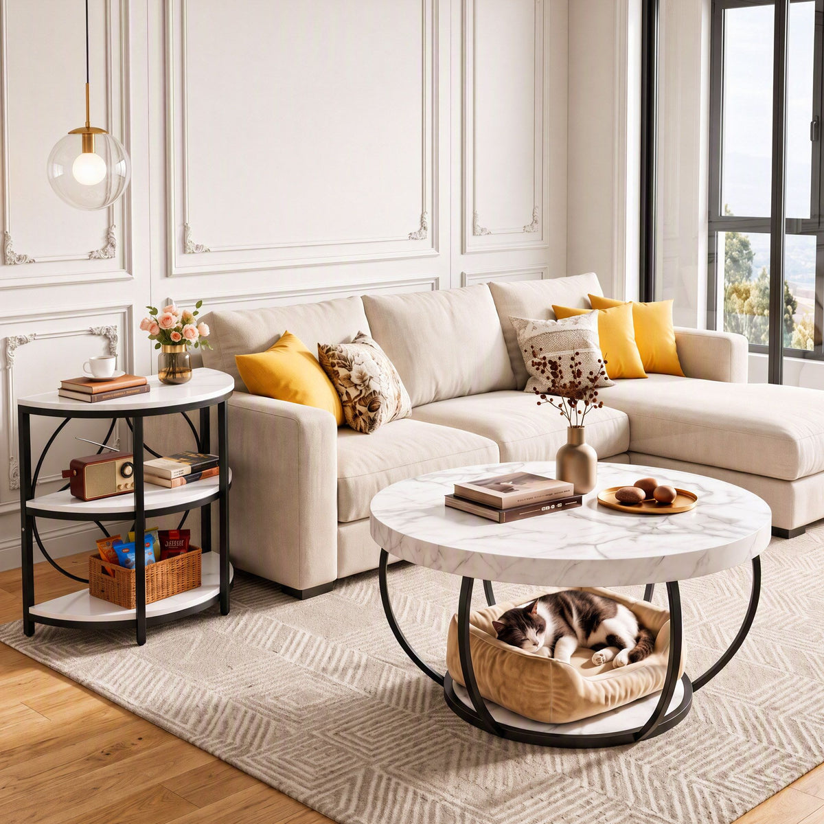 Artiss Semi-Circle End Table 3 Tier Coffee Table Nightstand Marble White&Black