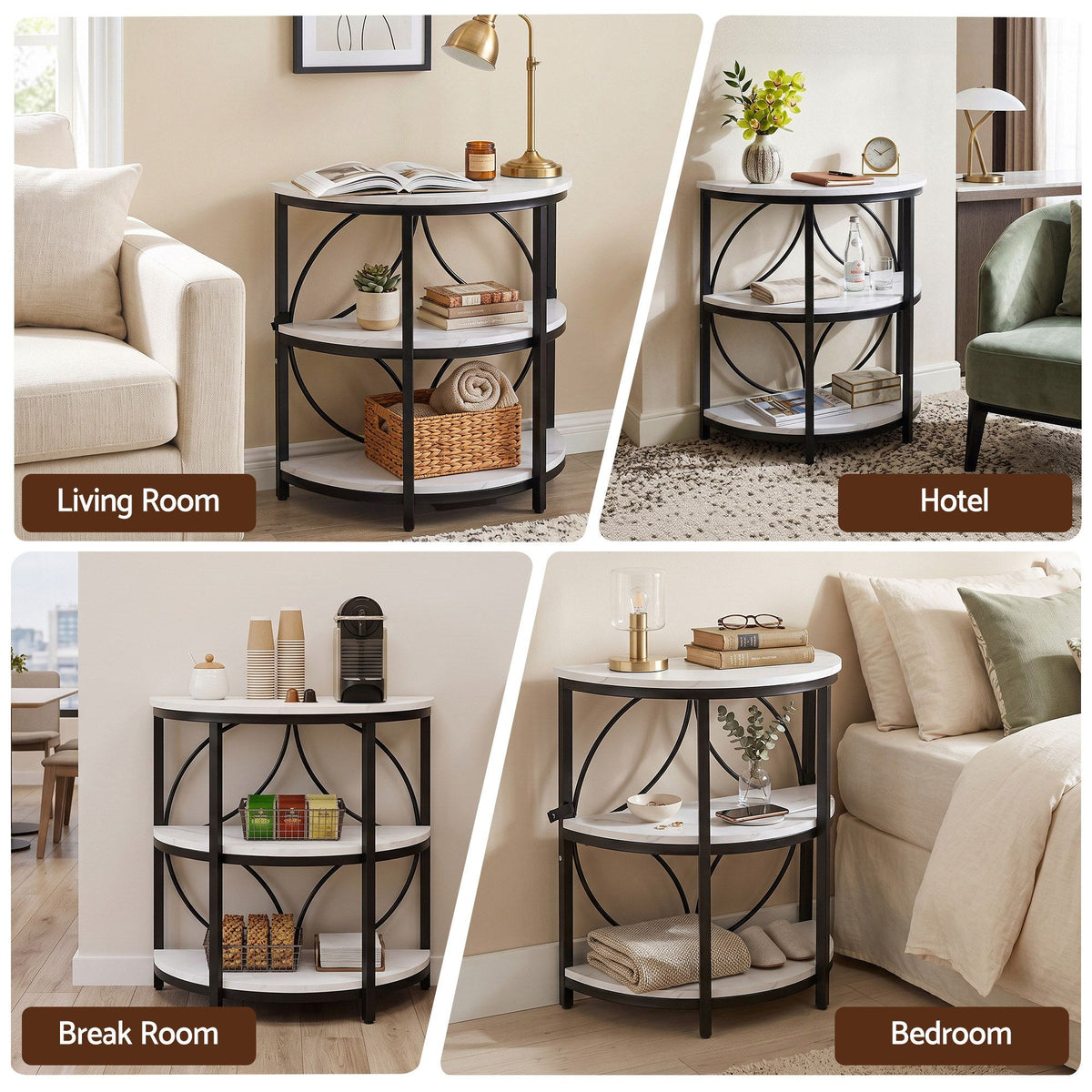 Artiss Semi-Circle End Table 3 Tier Coffee Table Nightstand Marble White&Black