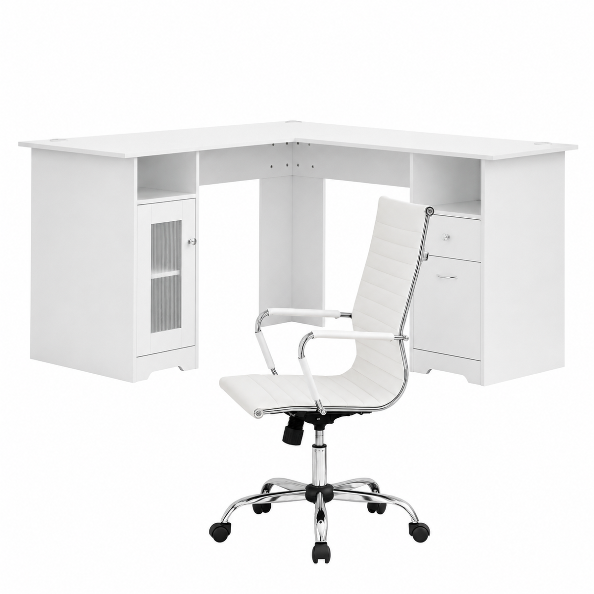 Artiss Office Desk Chair Set 150cm L Shaped Computer Desk PU Leather Chair White