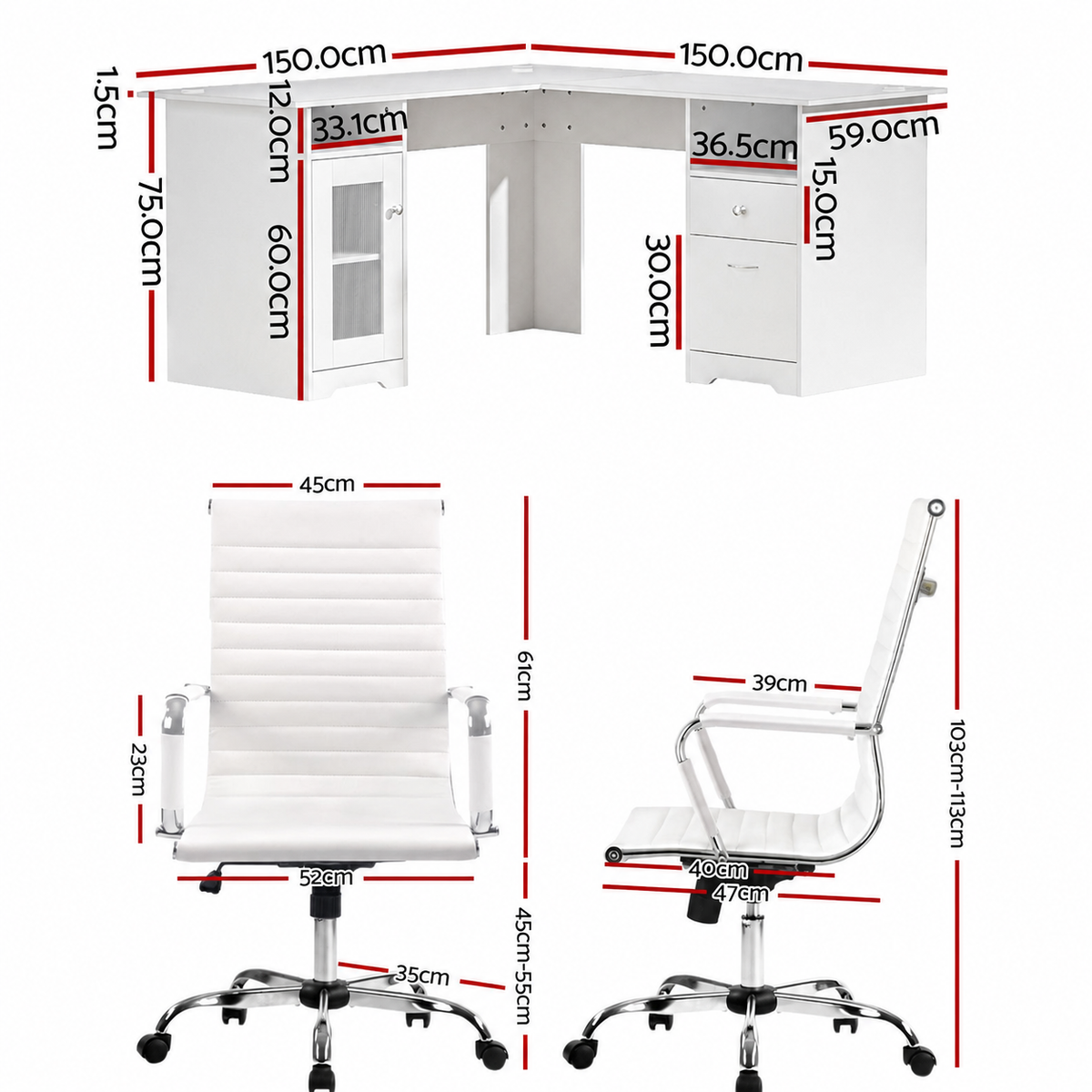 Artiss Office Desk Chair Set 150cm L Shaped Computer Desk PU Leather Chair White