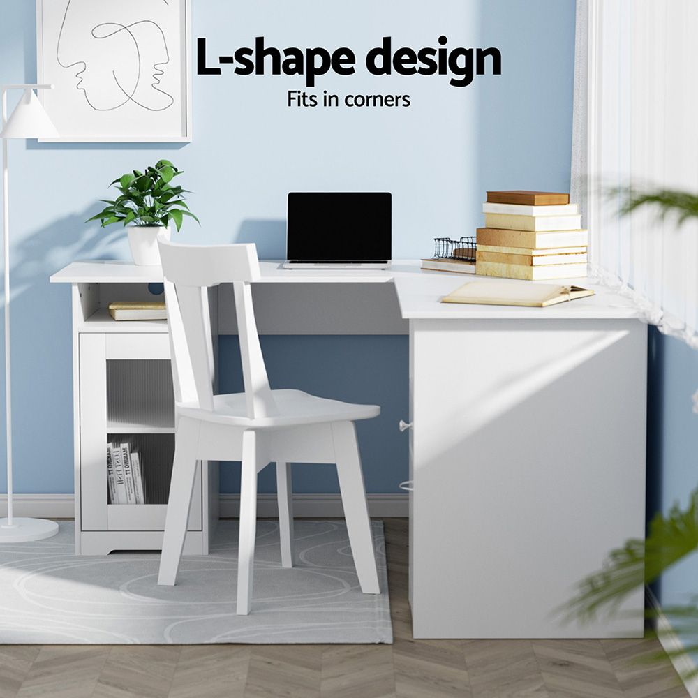 Artiss Office Desk Chair Set 150cm L Shaped Computer Desk PU Leather Chair White
