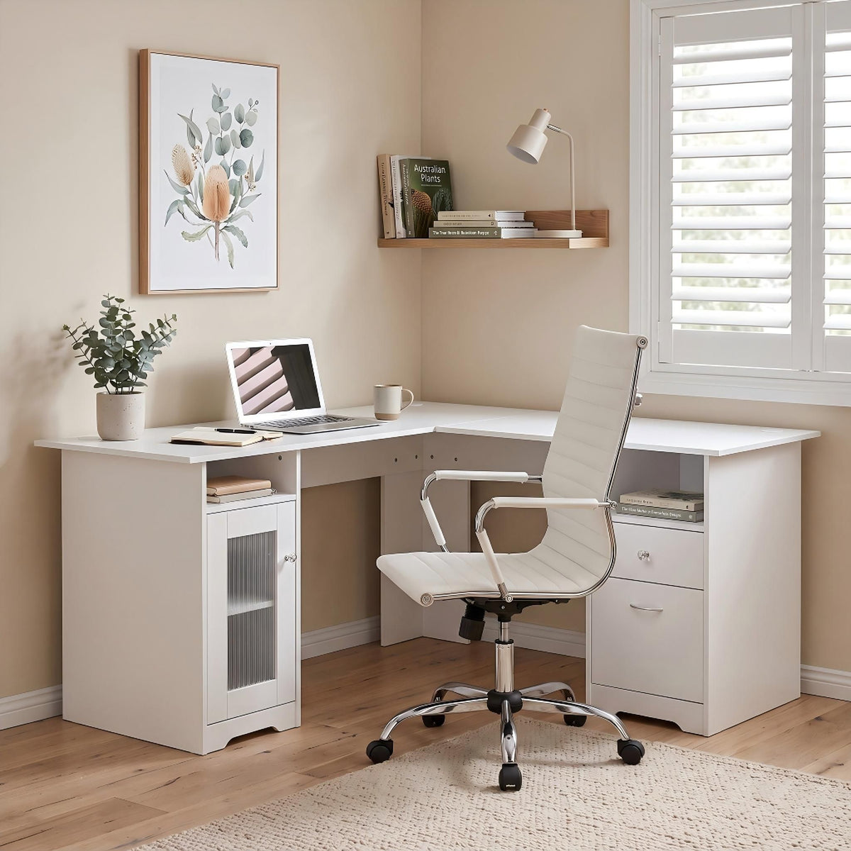 Artiss Office Desk Chair Set 150cm L Shaped Computer Desk PU Leather Chair White