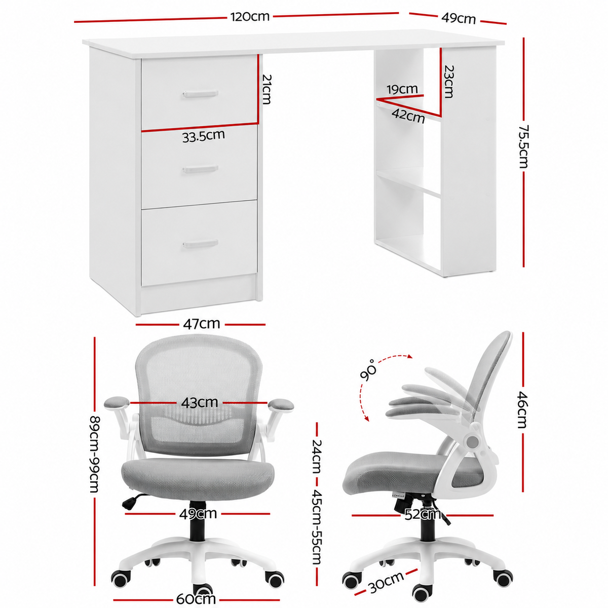 Artiss Computer Desk and Chair Set 120cm Study Desk with 3 Drawers and 3 Shelves