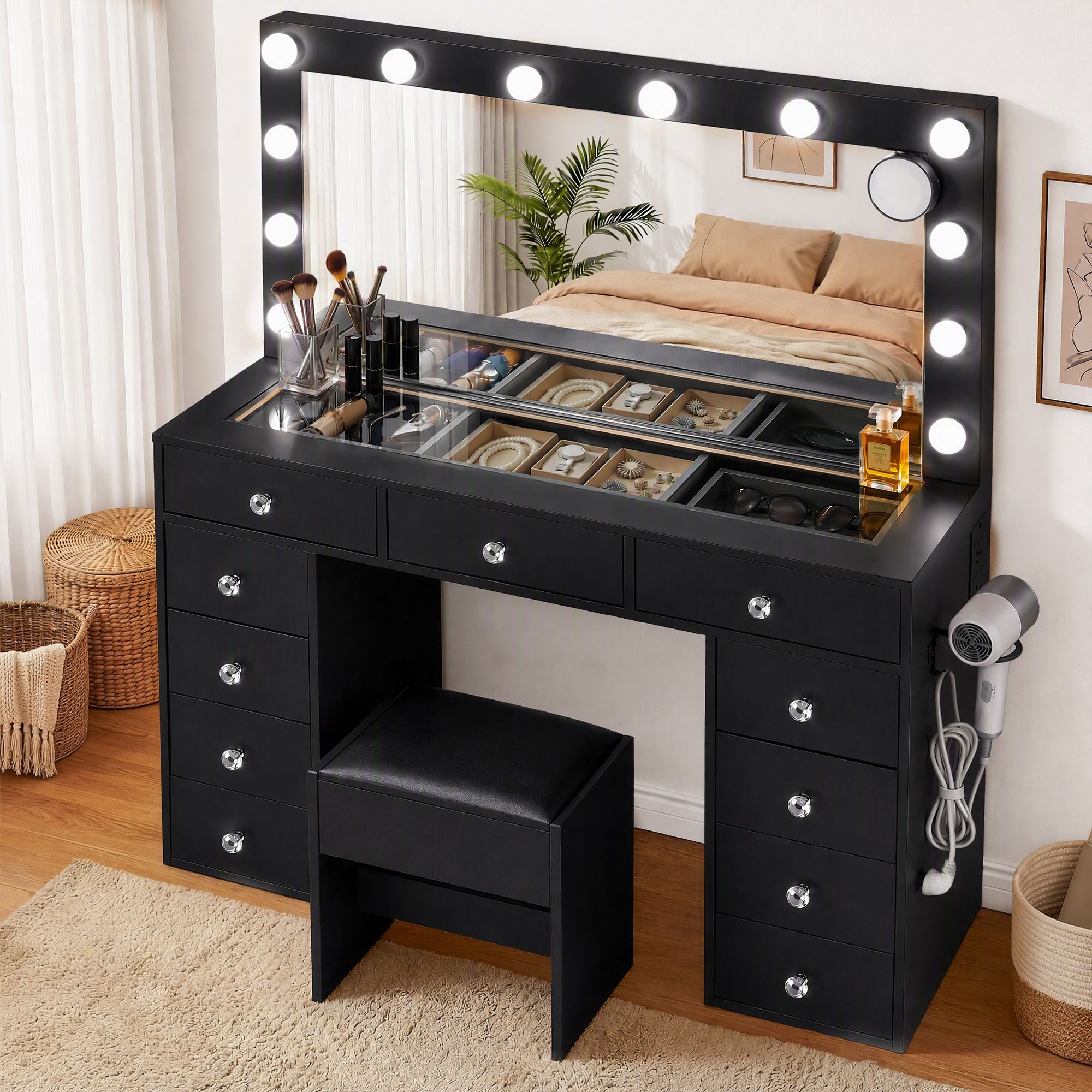Artiss Dressing Table Charging Station LED Vanity Desk Stool Mirror Black