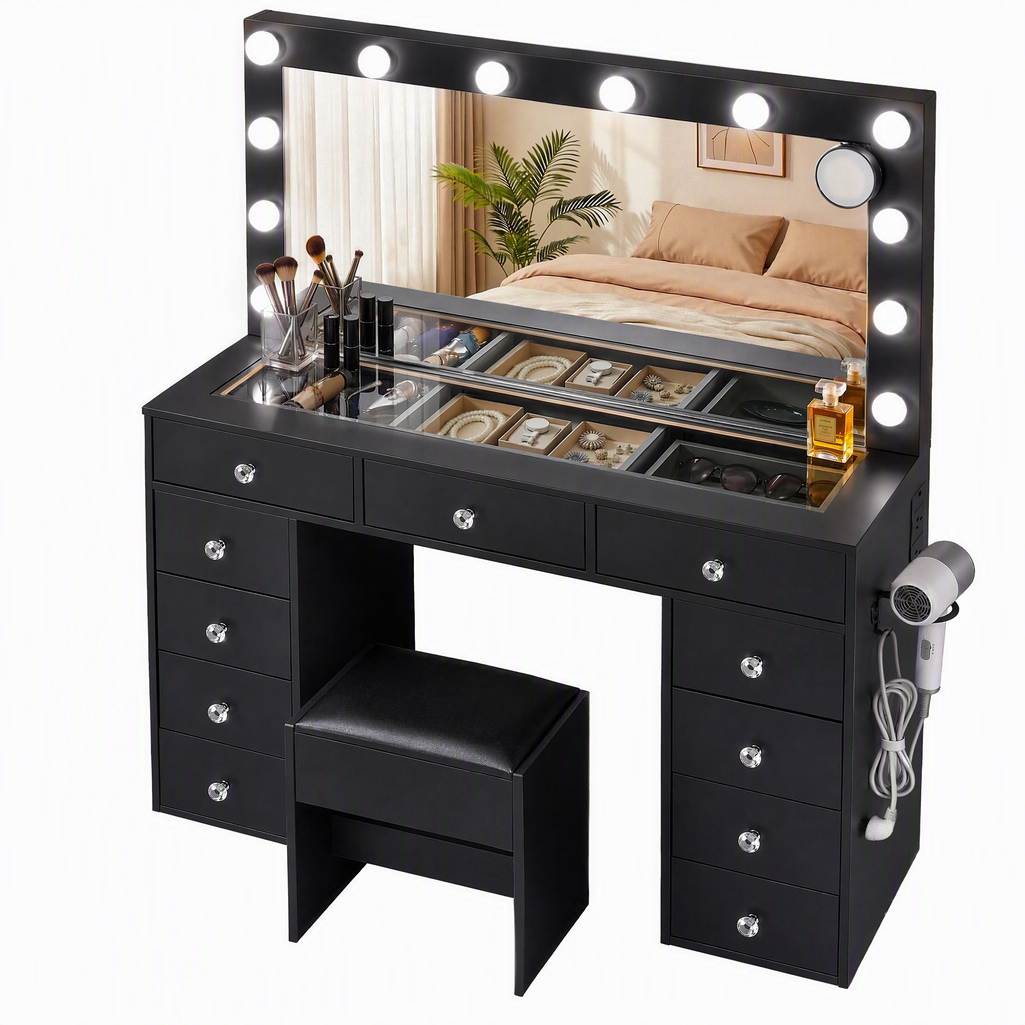 Artiss Dressing Table Charging Station LED Vanity Desk Stool Mirror Black