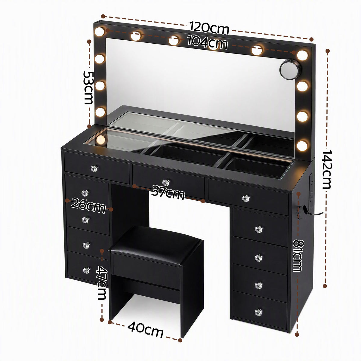 Artiss Dressing Table Charging Station LED Vanity Desk Stool Mirror Black