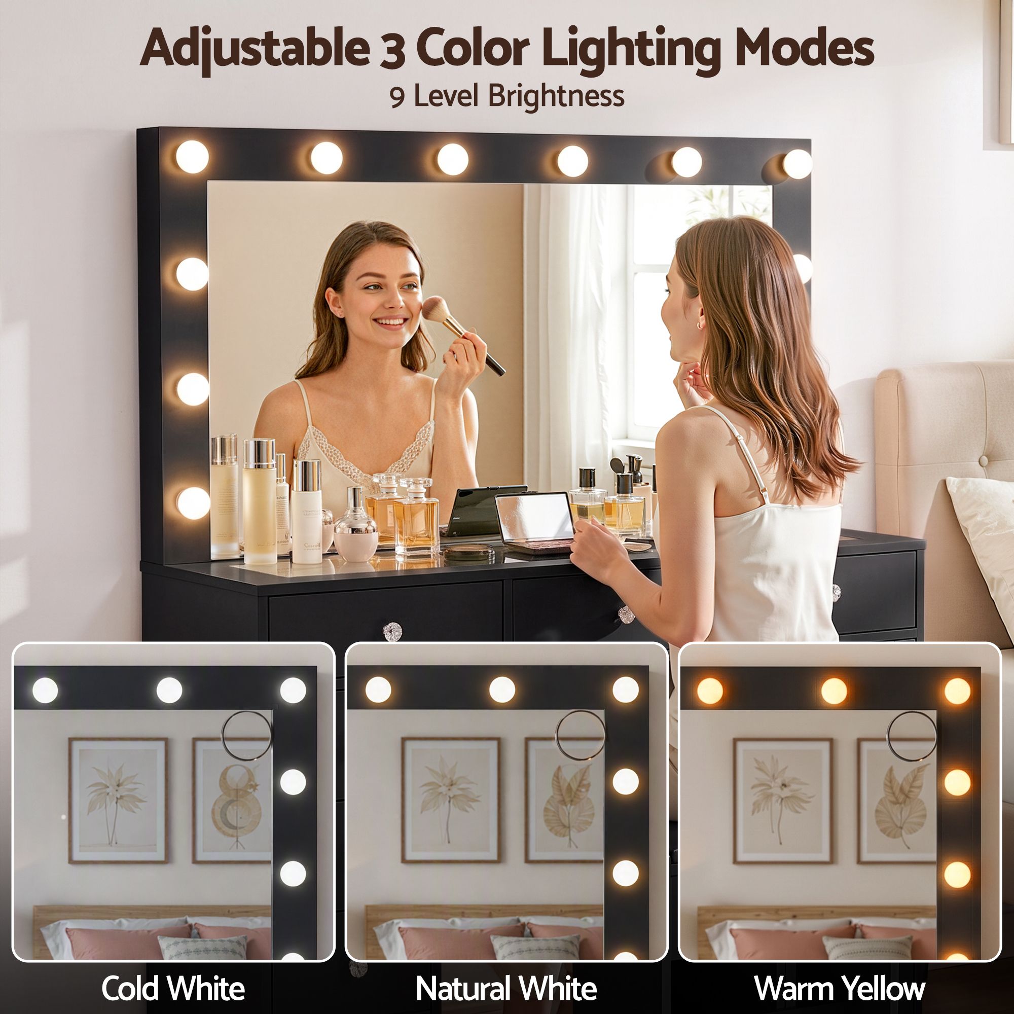 Artiss Dressing Table Charging Station LED Vanity Desk Stool Mirror Black