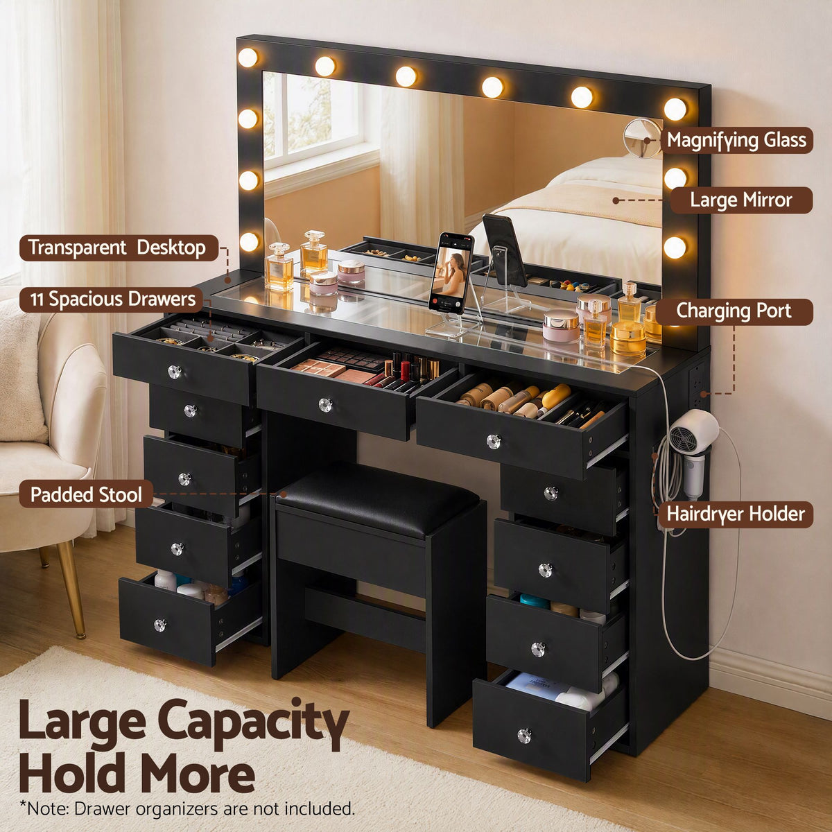 Artiss Dressing Table Charging Station LED Vanity Desk Stool Mirror Black