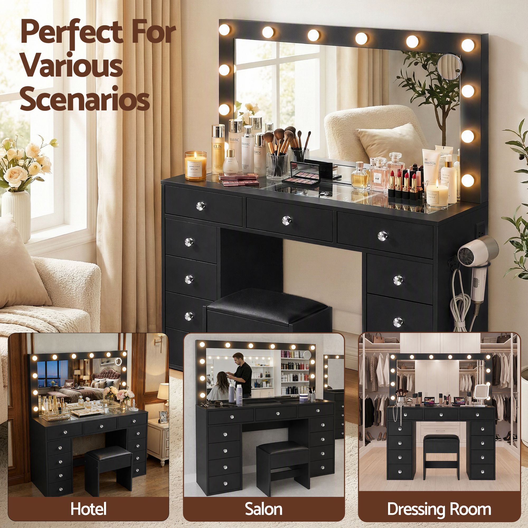 Artiss Dressing Table Charging Station LED Vanity Desk Stool Mirror Black