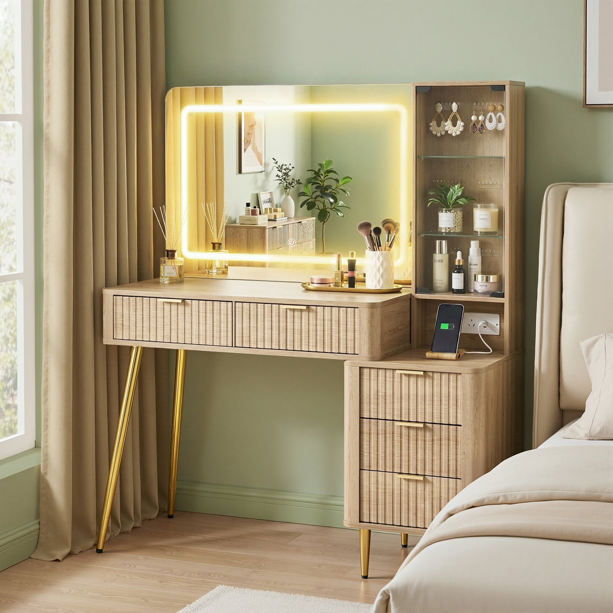Artiss Dressing Table LED Vanity Desk Charging Station Wood