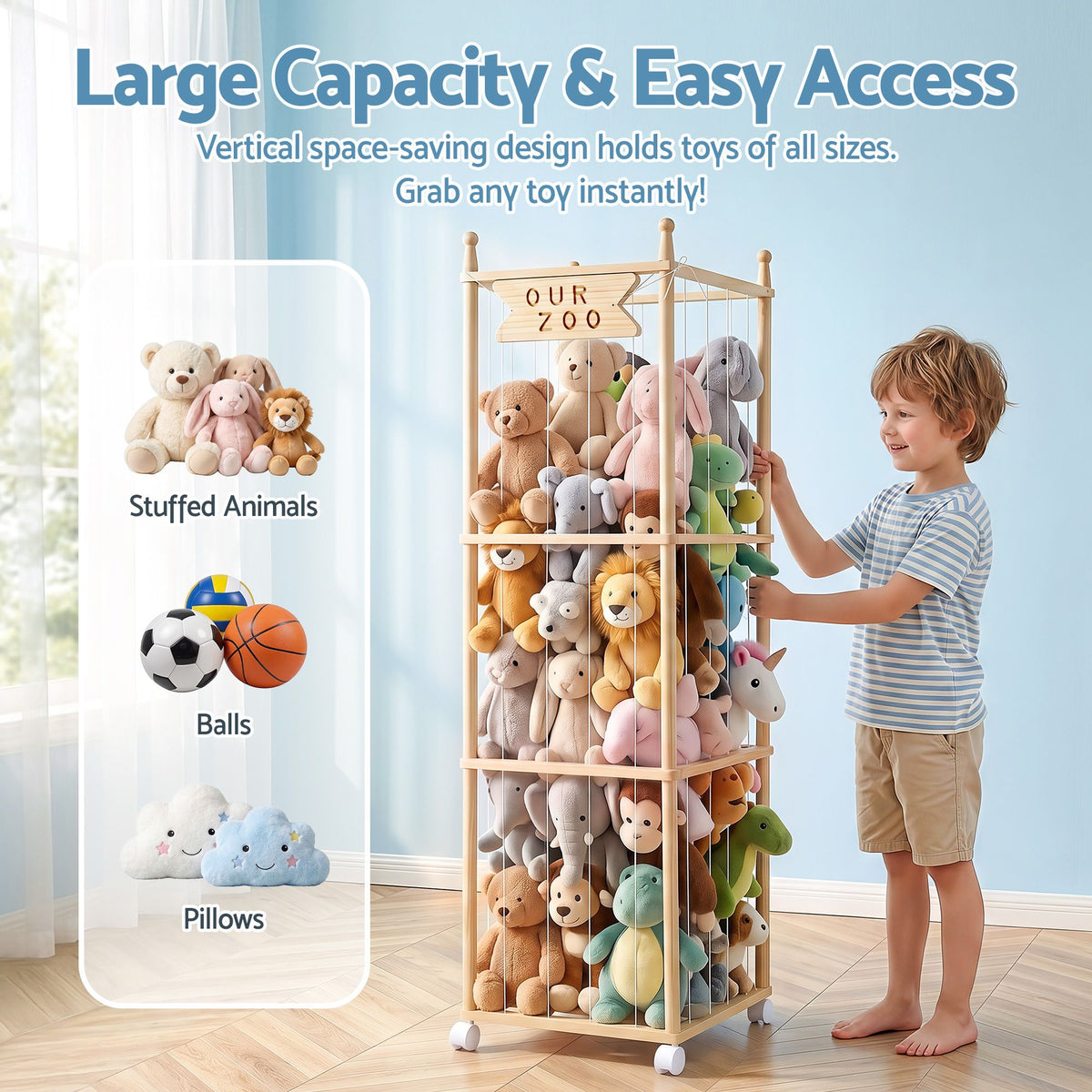 Keezi Stuffed Animal Storage Wooden Toy Holder with Wheels Elastic Cords