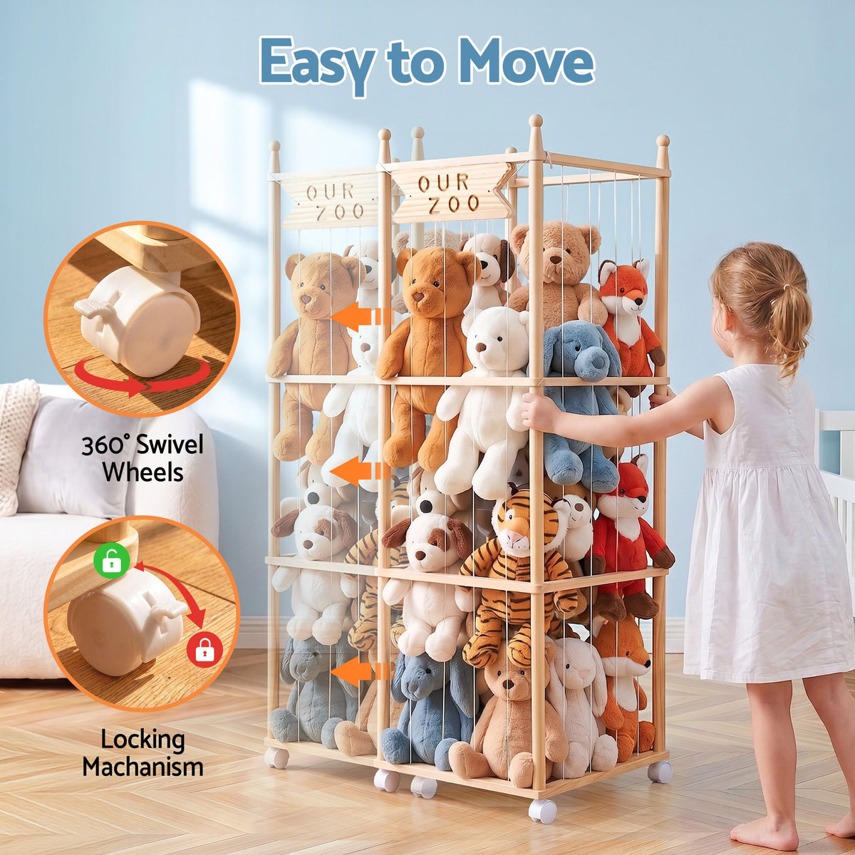 Keezi Stuffed Animal Storage Wooden Toy Holder with Wheels Elastic Cords