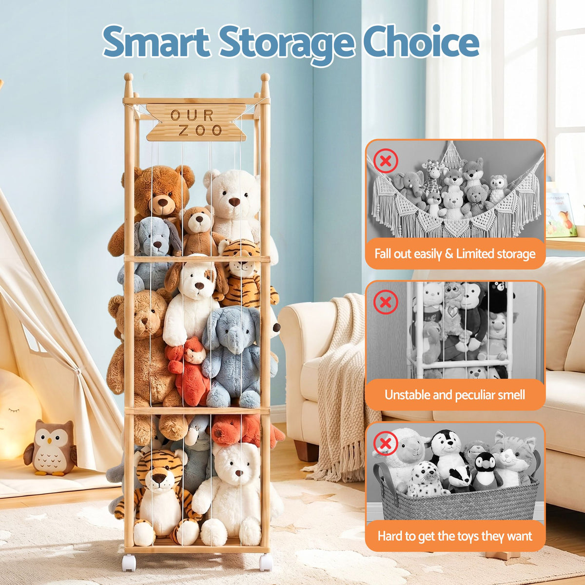 Keezi Stuffed Animal Storage Wooden Toy Holder with Wheels Elastic Cords