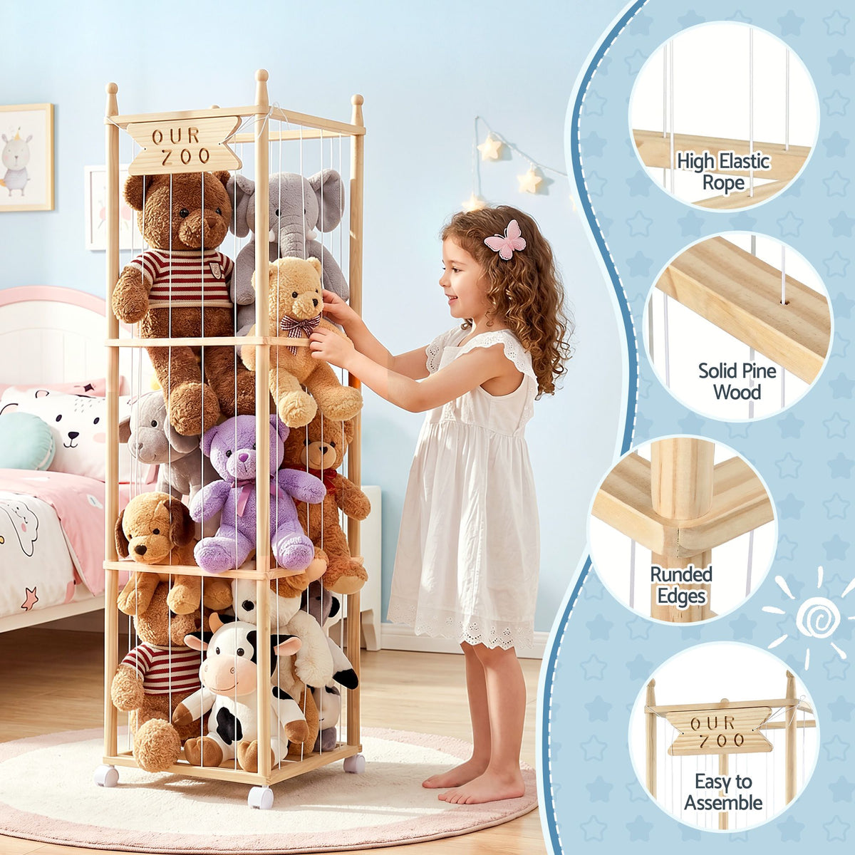 Keezi Stuffed Animal Storage Wooden Toy Holder with Wheels Elastic Cords