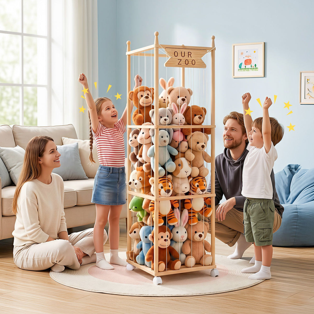 Keezi Stuffed Animal Storage Wooden Toy Holder with Wheels Elastic Cords